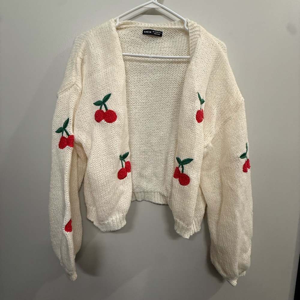 Cream Cardigan with Red Cherry Embroidery